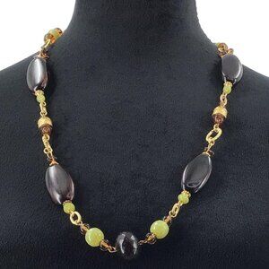 Mixed Beaded Necklace Brown Gold Tone Green Casual Work Wear Adjustable Length